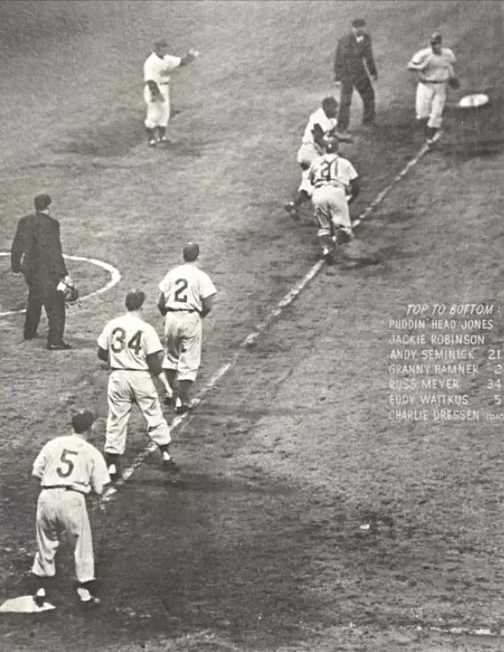 Jackie Robinson in charge of a rundown against the New York Giants