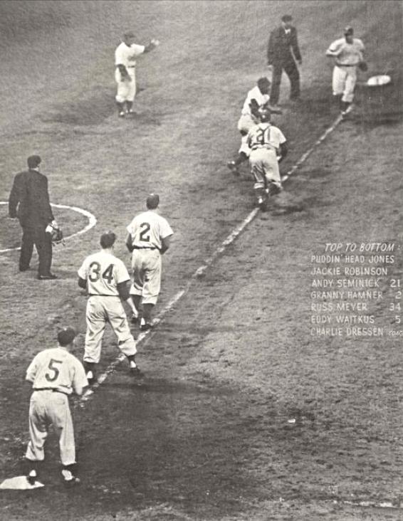Jackie Robinson in charge of a rundown against the New York Giants