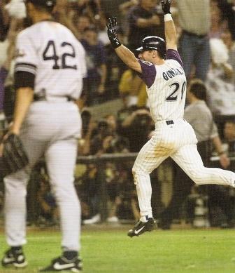 situational hitting at its best, game winning bloop single over the pulled in Yankees infield, 2001 World Series