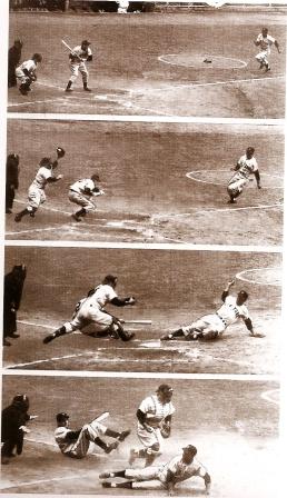 Stealing home, 1951 World Series.  All set up by the batters position in the box 