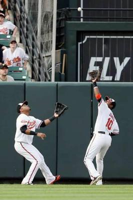 Fly ball priority, center fielder has priority over corner outfielders